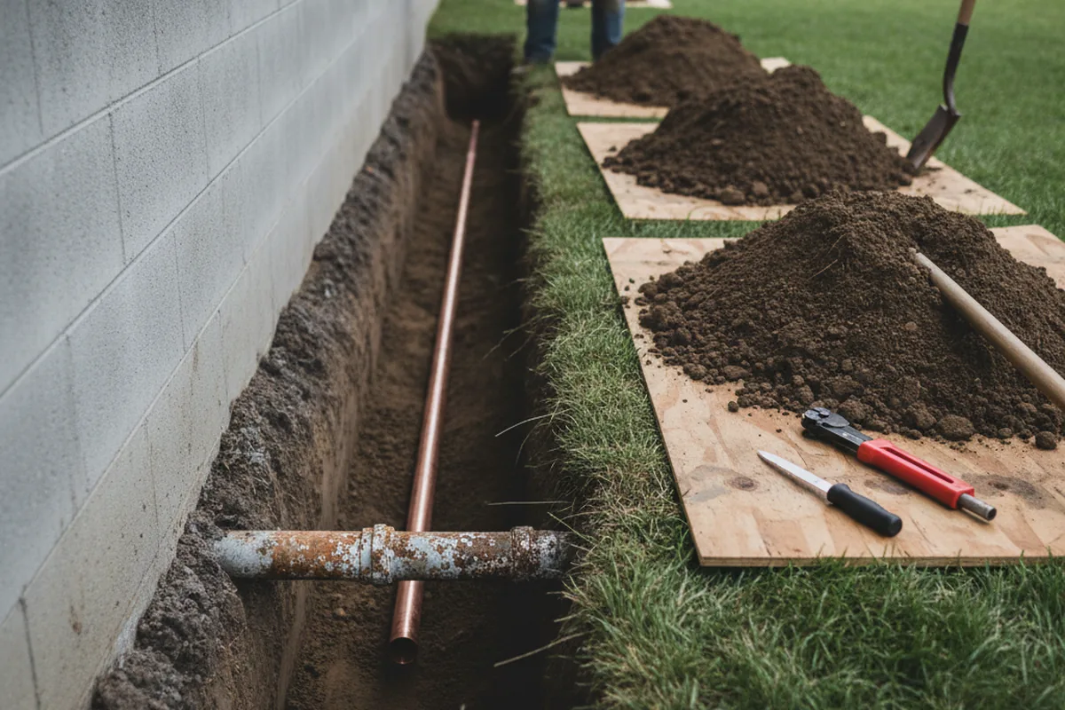Excavated water line trench during Water Heater Repair in Brighton